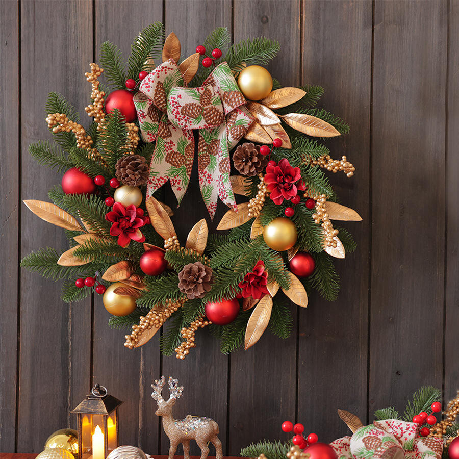 18" Artificial Christmas Wreath with Pinecone Ribbon and Gold Leaves