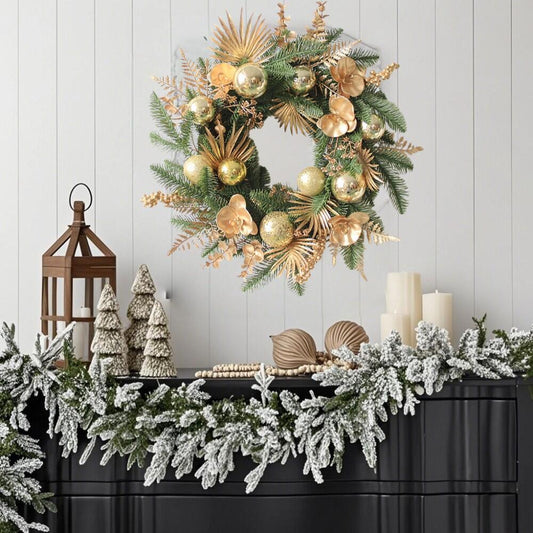 20" Artificial Gold & Pine Christmas Wreath with Orchids and Ornaments