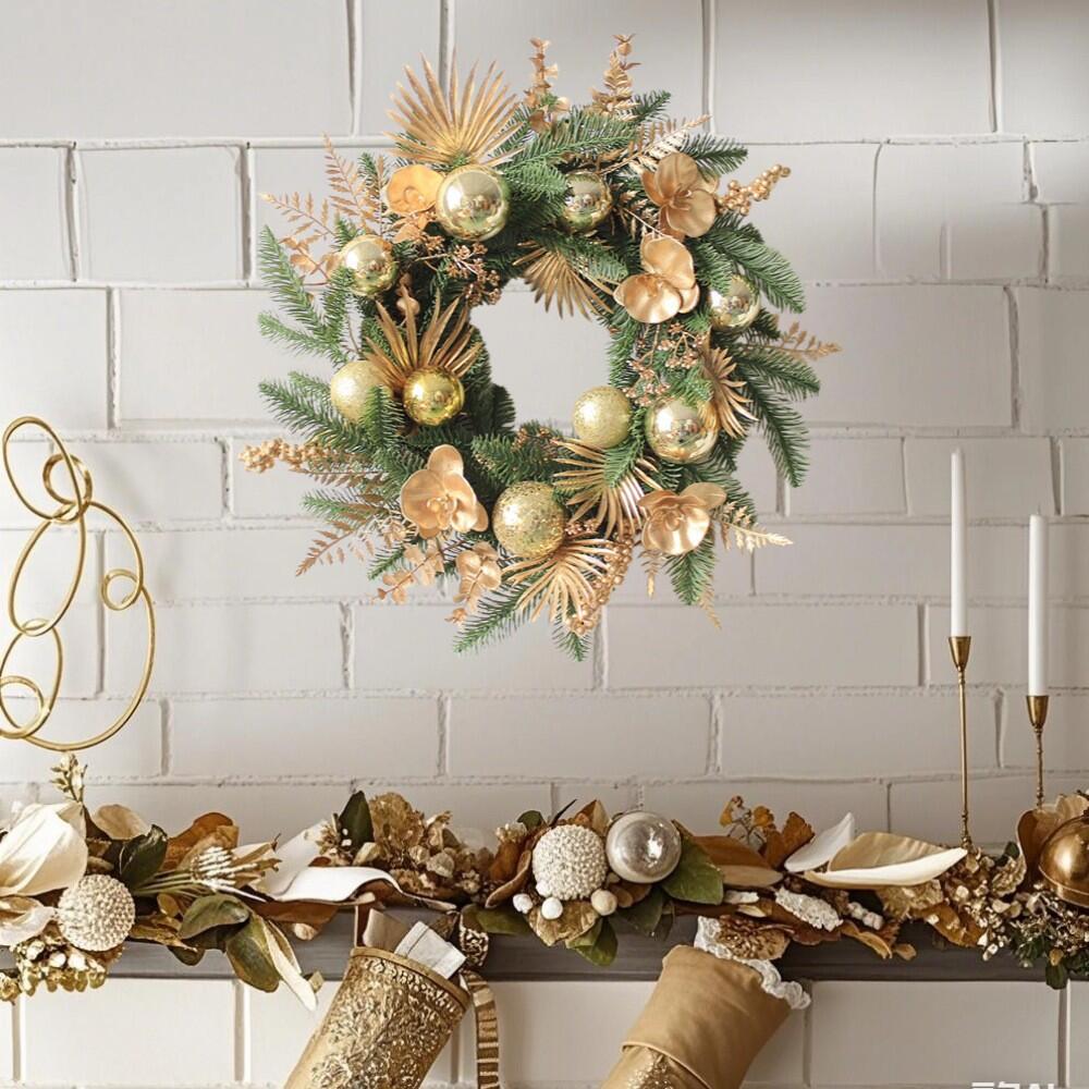 20" Artificial Gold & Pine Christmas Wreath with Orchids and Ornaments