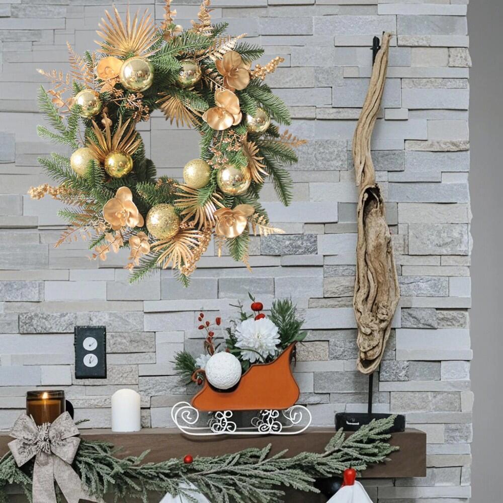 20" Artificial Gold & Pine Christmas Wreath with Orchids and Ornaments