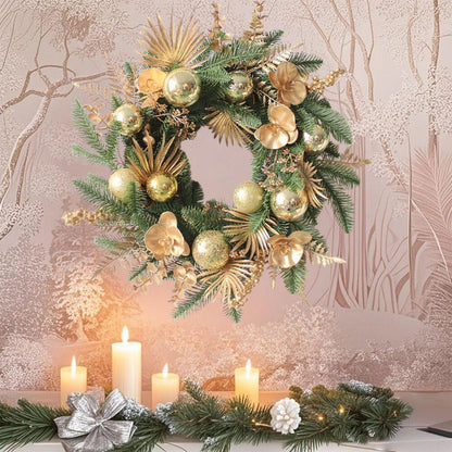 20" Artificial Gold & Pine Christmas Wreath with Orchids and Ornaments