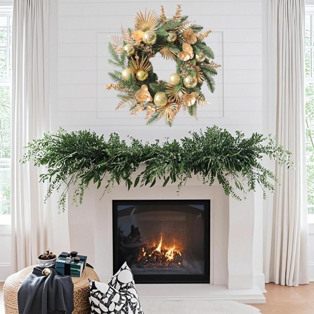 20" Artificial Gold & Pine Christmas Wreath with Orchids and Ornaments