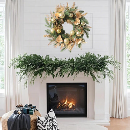 20" Artificial Gold & Pine Christmas Wreath with Orchids and Ornaments
