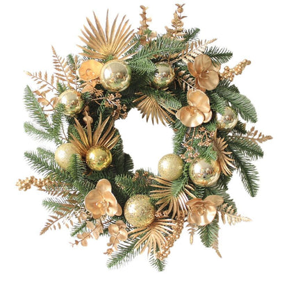 20" Artificial Gold & Pine Christmas Wreath with Orchids and Ornaments