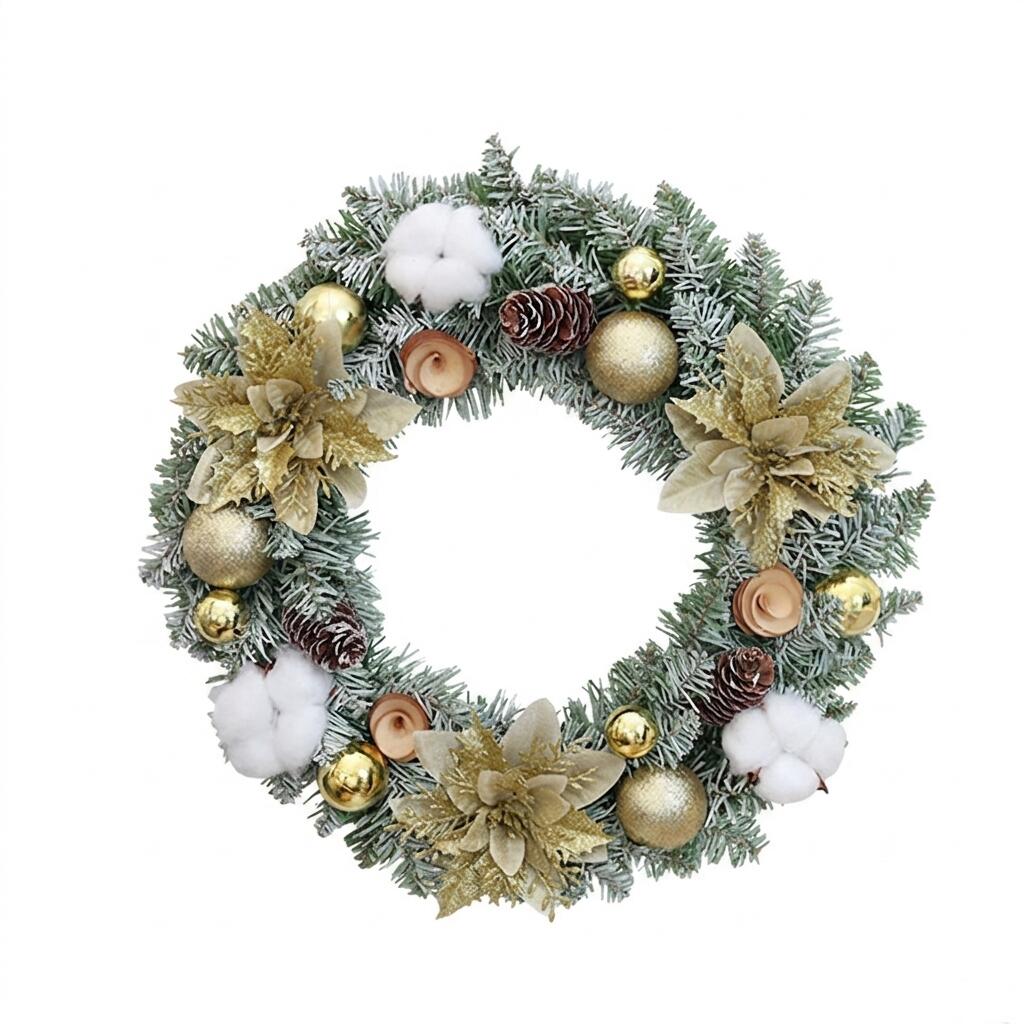 14" Flocked Christmas Wreath with Gold Poinsettias and Cotton Bolls