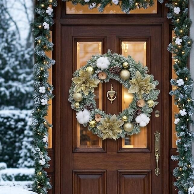 14" Flocked Christmas Wreath with Gold Poinsettias and Cotton Bolls