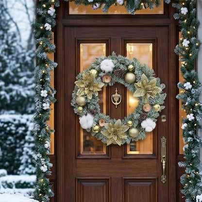 14" Flocked Christmas Wreath with Gold Poinsettias and Cotton Bolls