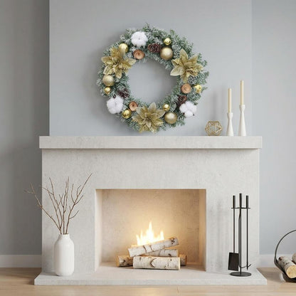 14" Flocked Christmas Wreath with Gold Poinsettias and Cotton Bolls