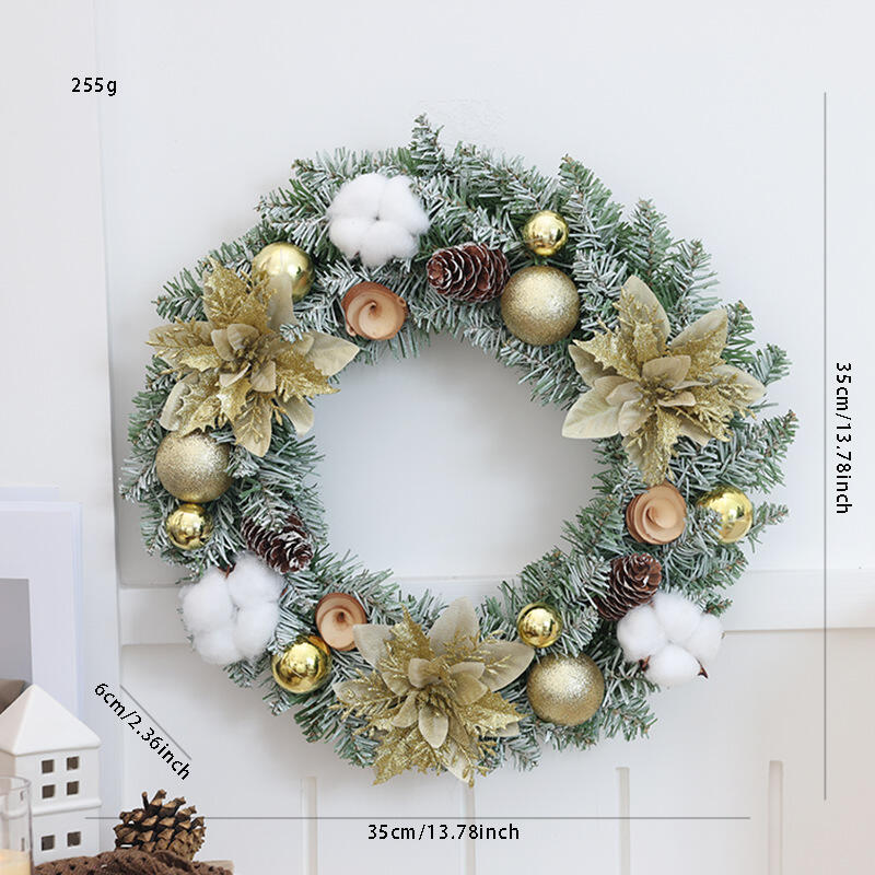 14" Flocked Christmas Wreath with Gold Poinsettias and Cotton Bolls