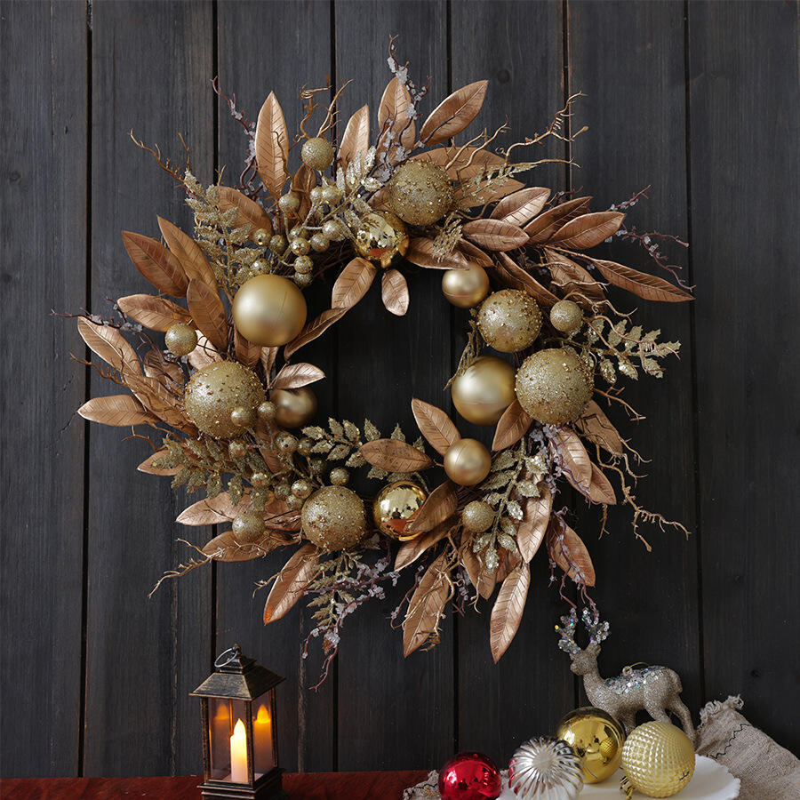 18-Inch Faux Metallic Gold Holiday Wreath with Ornaments