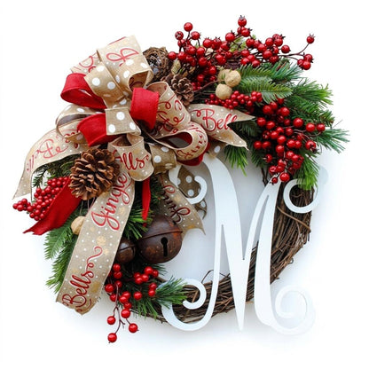 Personalized Monogram Christmas Wreath with Jingle Bells & Ribbon