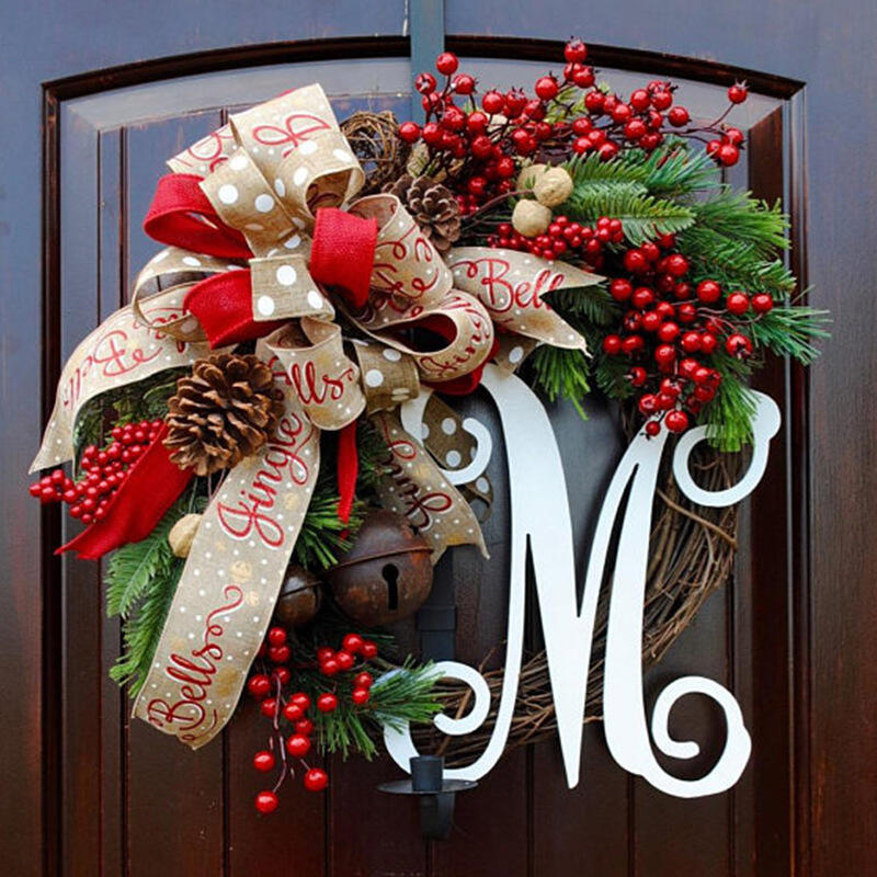 Personalized Monogram Christmas Wreath with Jingle Bells & Ribbon