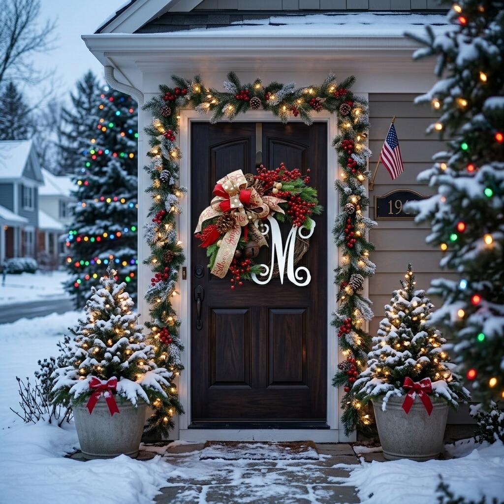 Personalized Monogram Christmas Wreath with Jingle Bells & Ribbon