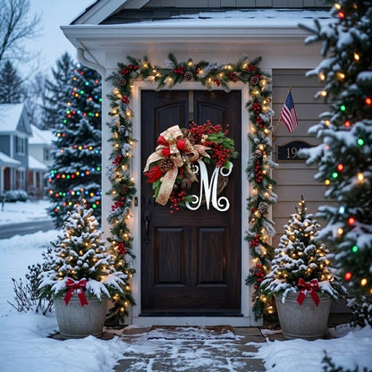 Personalized Monogram Christmas Wreath with Jingle Bells & Ribbon