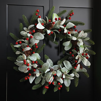 20" Artificial Flocked Christmas Wreath with Red Berries and Pinecones