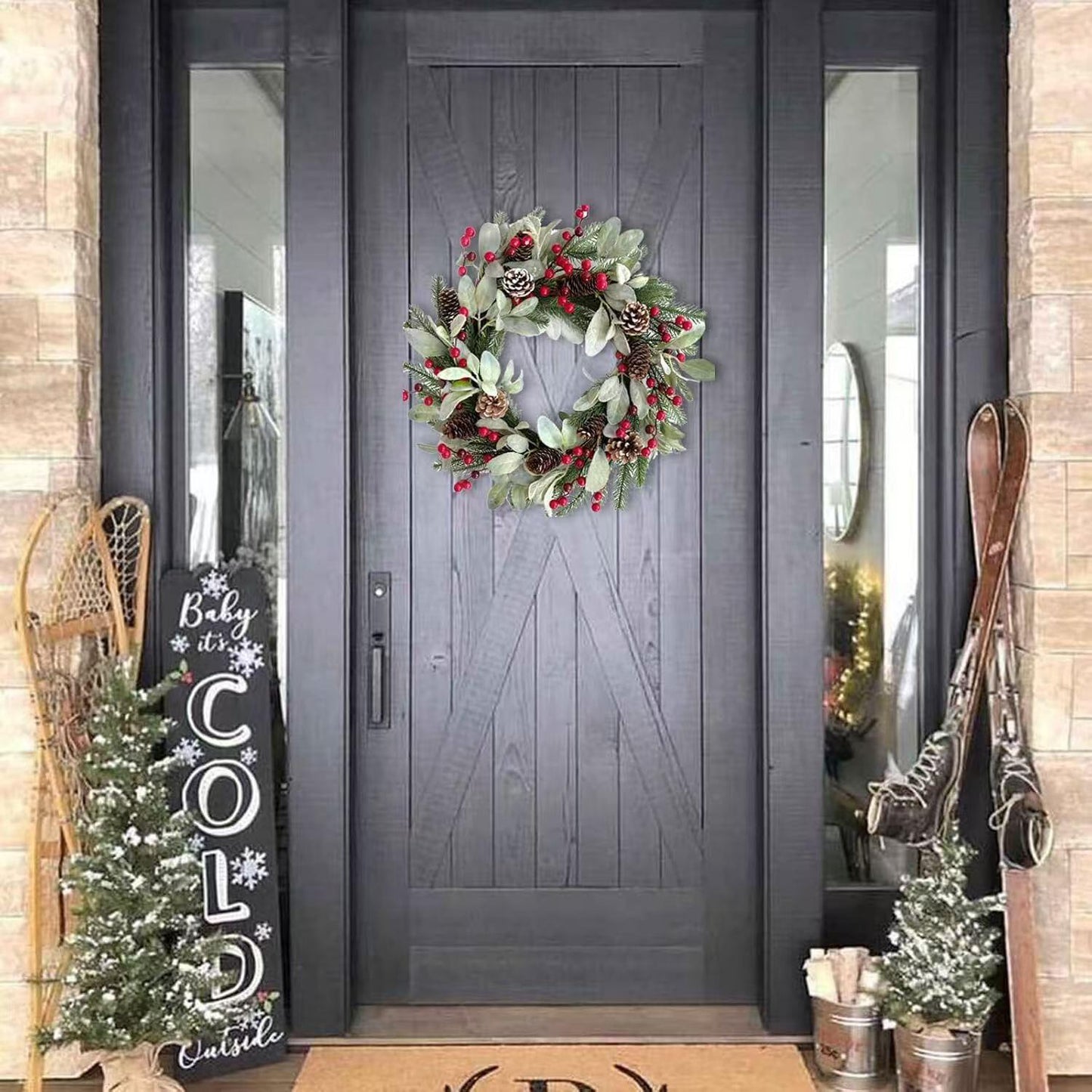 20" Artificial Flocked Christmas Wreath with Red Berries and Pinecones