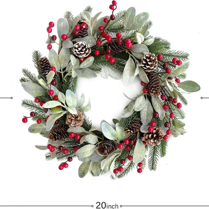 20" Artificial Flocked Christmas Wreath with Red Berries and Pinecones