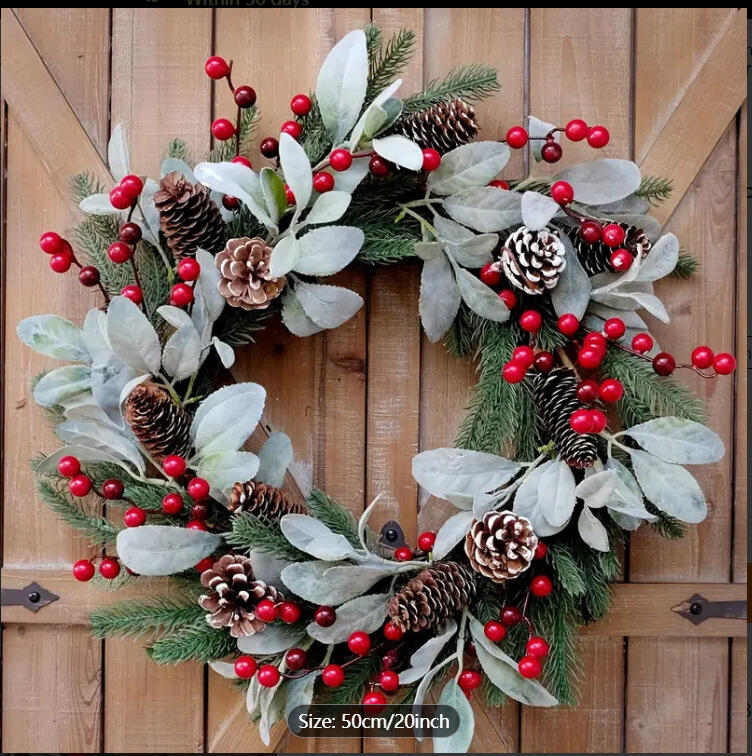 20" Artificial Flocked Christmas Wreath with Red Berries and Pinecones