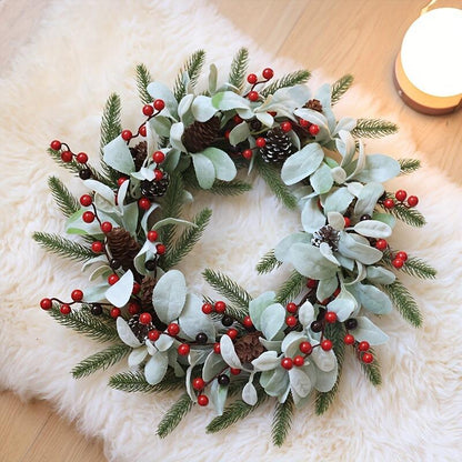 20" Artificial Flocked Christmas Wreath with Red Berries and Pinecones