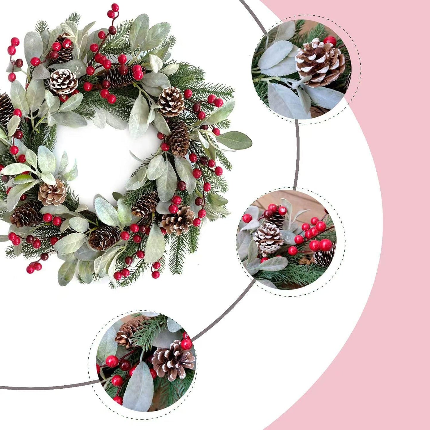 20" Artificial Flocked Christmas Wreath with Red Berries and Pinecones