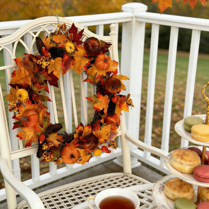 18" Artificial Fall Wreath with Faux Pumpkins and Pinecones - B2B Wholesale