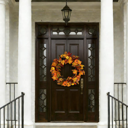 18" Artificial Fall Wreath with Faux Pumpkins and Pinecones - B2B Wholesale