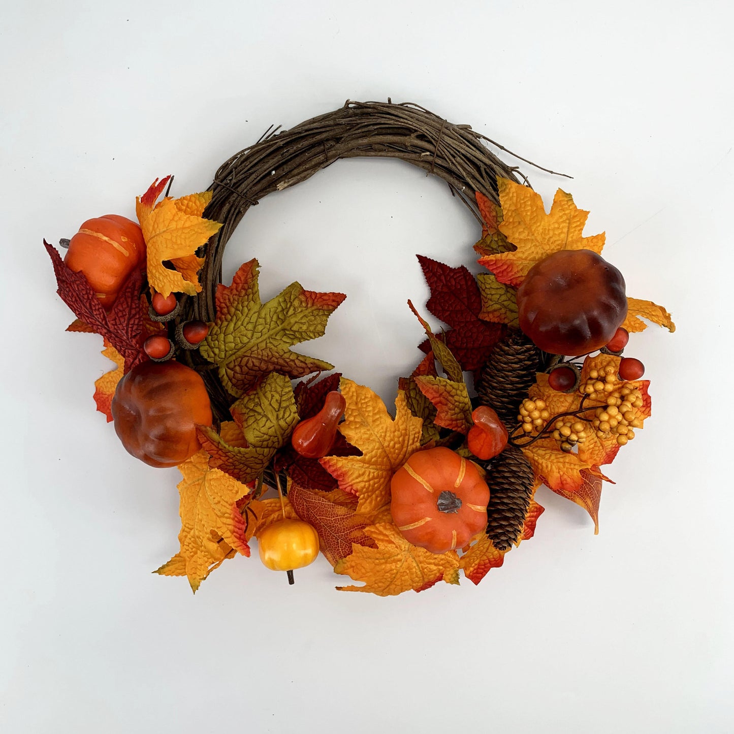 18" Artificial Fall Half-Wreath with Faux Pumpkins and Pinecones - Asymmetric Thanksgiving Harvest Wreath, B2B Wholesale