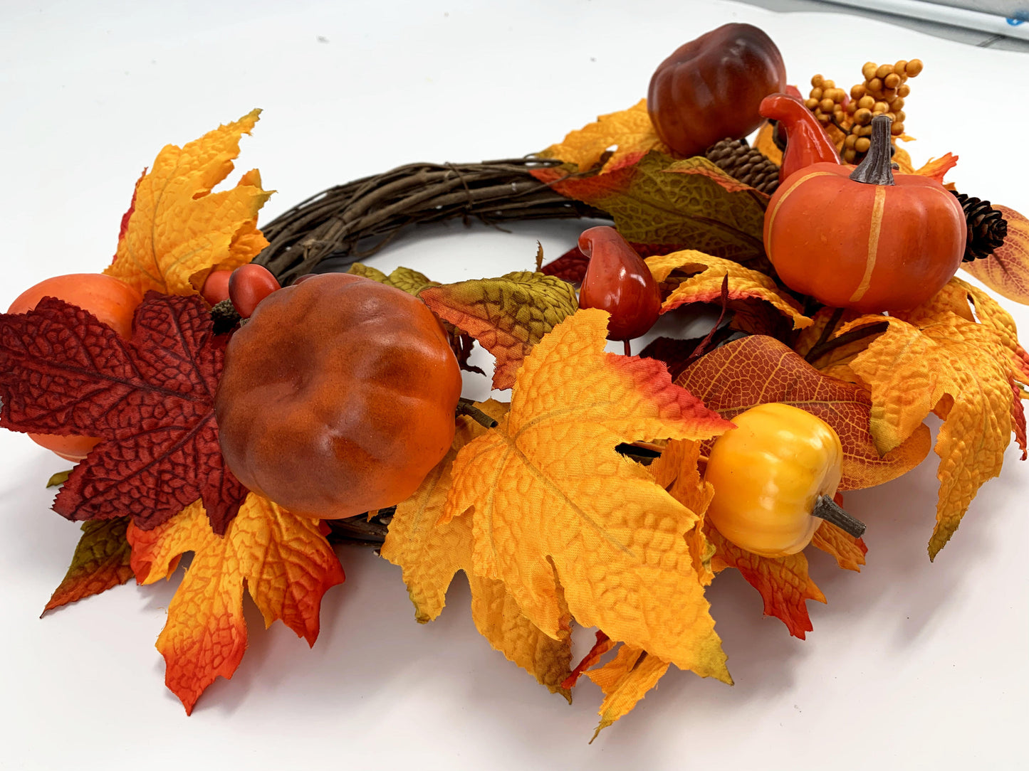 18" Artificial Fall Half-Wreath with Faux Pumpkins and Pinecones - Asymmetric Thanksgiving Harvest Wreath, B2B Wholesale