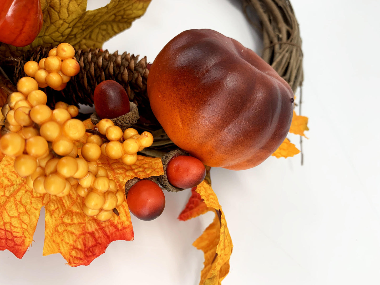 18" Artificial Fall Half-Wreath with Faux Pumpkins and Pinecones - Asymmetric Thanksgiving Harvest Wreath, B2B Wholesale