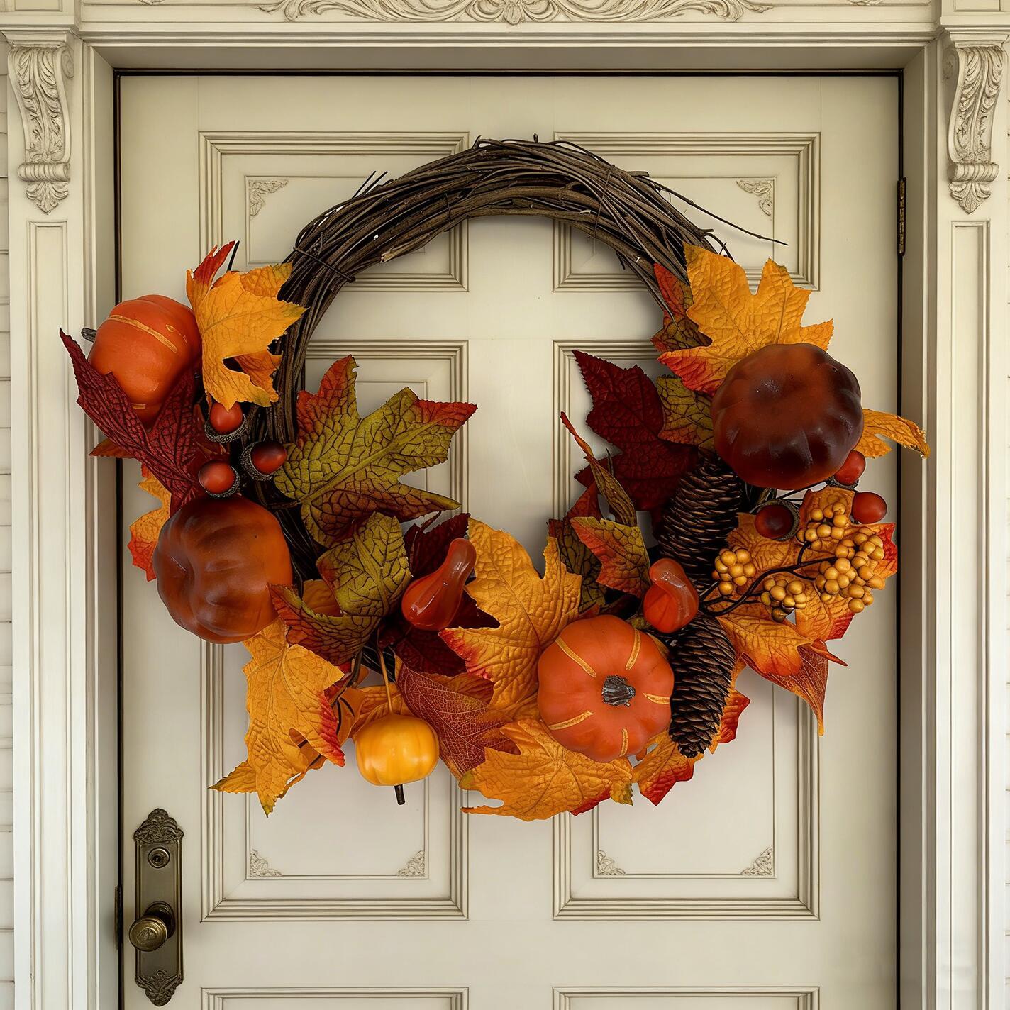 18" Artificial Fall Half-Wreath with Faux Pumpkins and Pinecones - Asymmetric Thanksgiving Harvest Wreath, B2B Wholesale