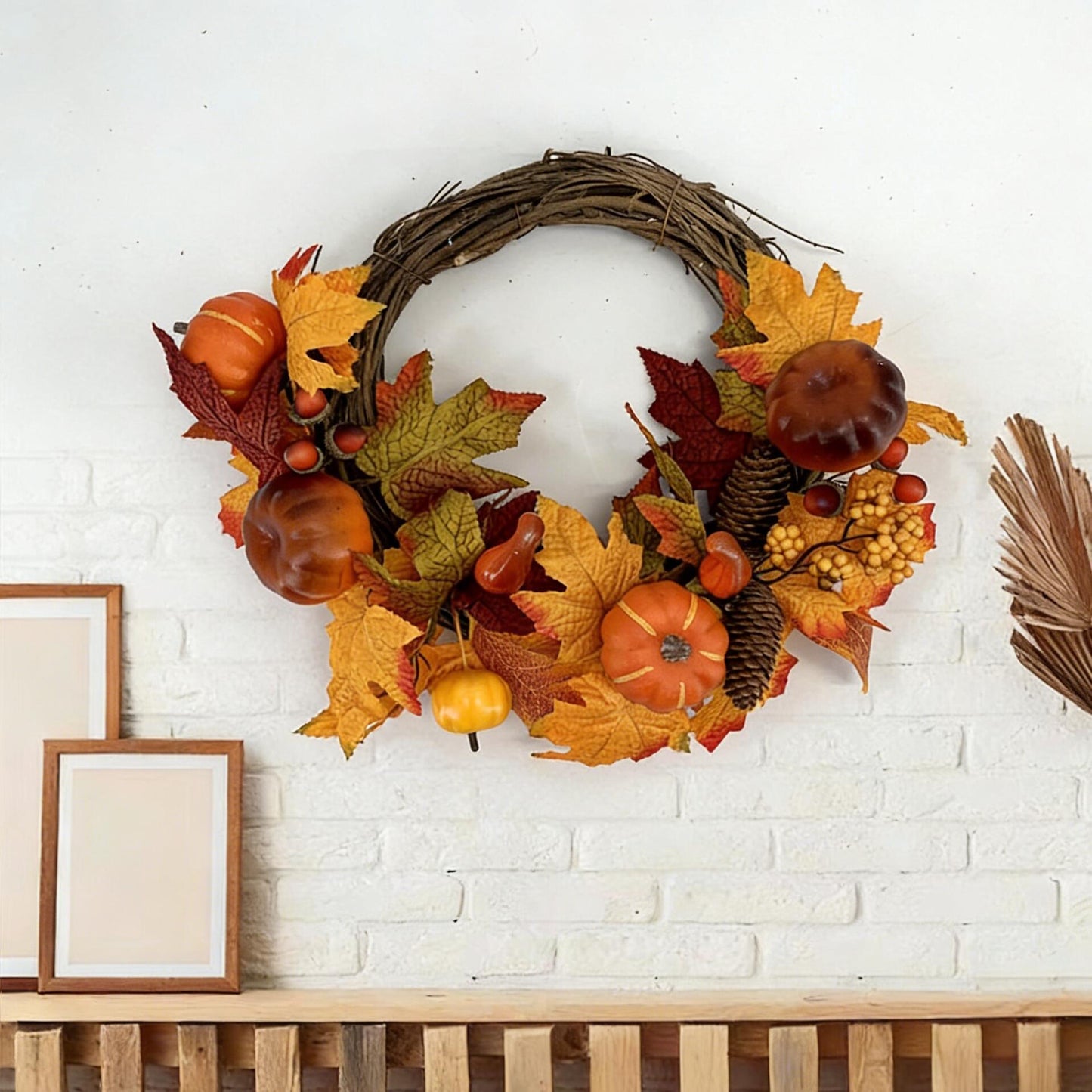 18" Artificial Fall Half-Wreath with Faux Pumpkins and Pinecones - Asymmetric Thanksgiving Harvest Wreath, B2B Wholesale