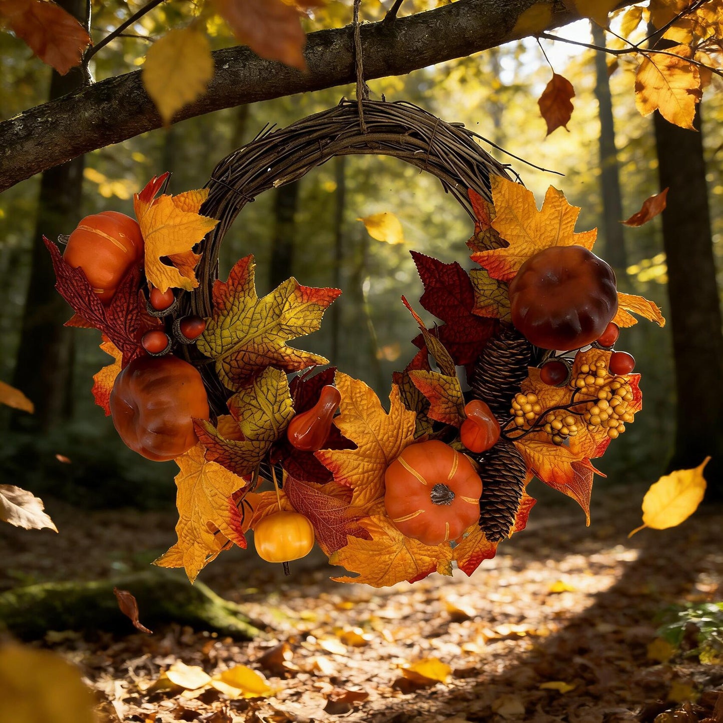 18" Artificial Fall Half-Wreath with Faux Pumpkins and Pinecones - Asymmetric Thanksgiving Harvest Wreath, B2B Wholesale