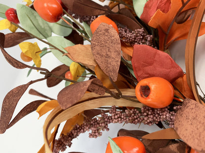 18" Artificial Fall Oak Leaf and Mixed Berry Wreath - Vibrant Thanksgiving  Wreath