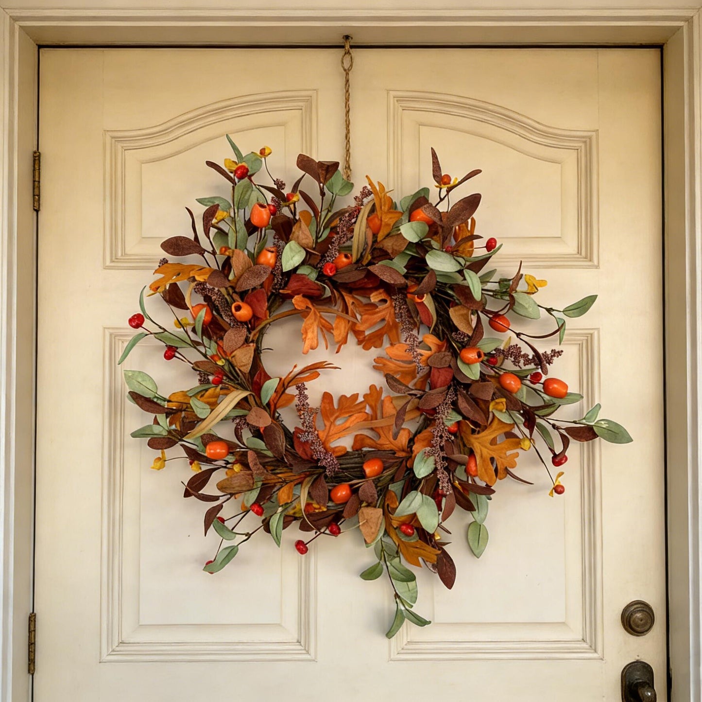 18" Artificial Fall Oak Leaf and Mixed Berry Wreath - Vibrant Thanksgiving  Wreath