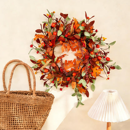18" Artificial Fall Oak Leaf and Mixed Berry Wreath - Vibrant Thanksgiving  Wreath