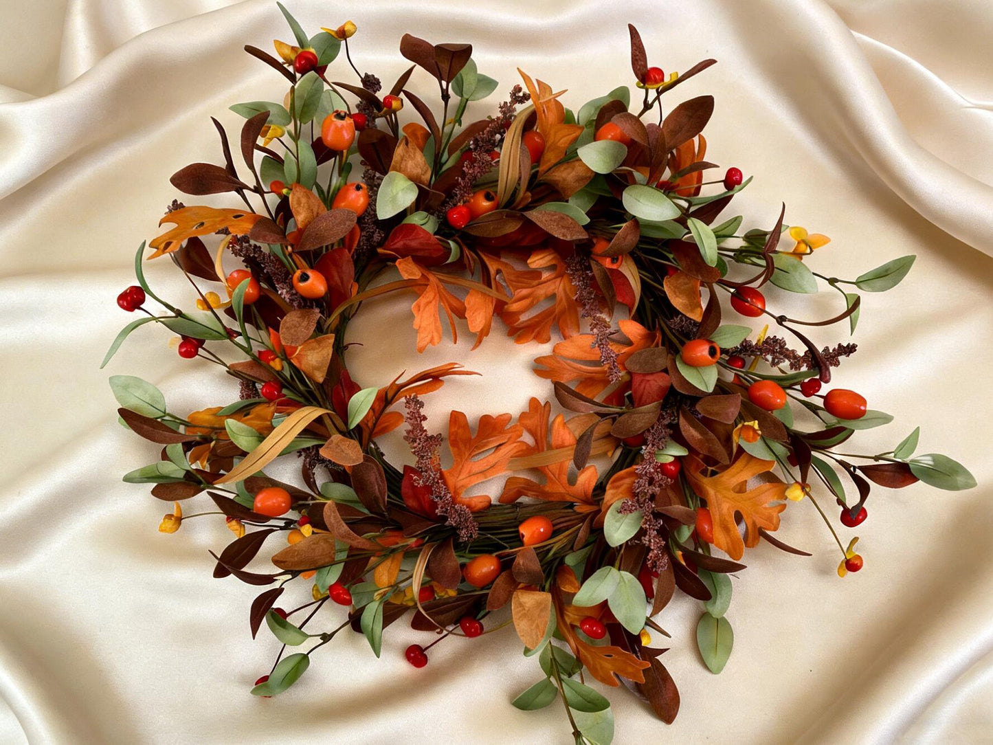 18" Artificial Fall Oak Leaf and Mixed Berry Wreath - Vibrant Thanksgiving  Wreath