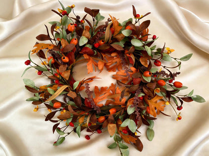 18" Artificial Fall Oak Leaf and Mixed Berry Wreath - Vibrant Thanksgiving  Wreath