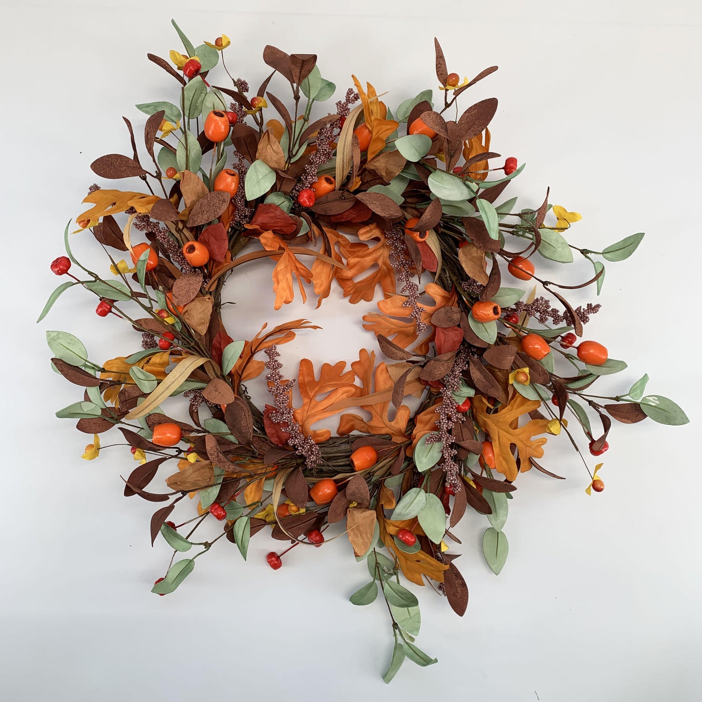 18" Artificial Fall Oak Leaf and Mixed Berry Wreath - Vibrant Thanksgiving  Wreath