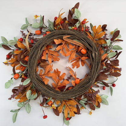 18" Artificial Fall Oak Leaf and Mixed Berry Wreath - Vibrant Thanksgiving  Wreath