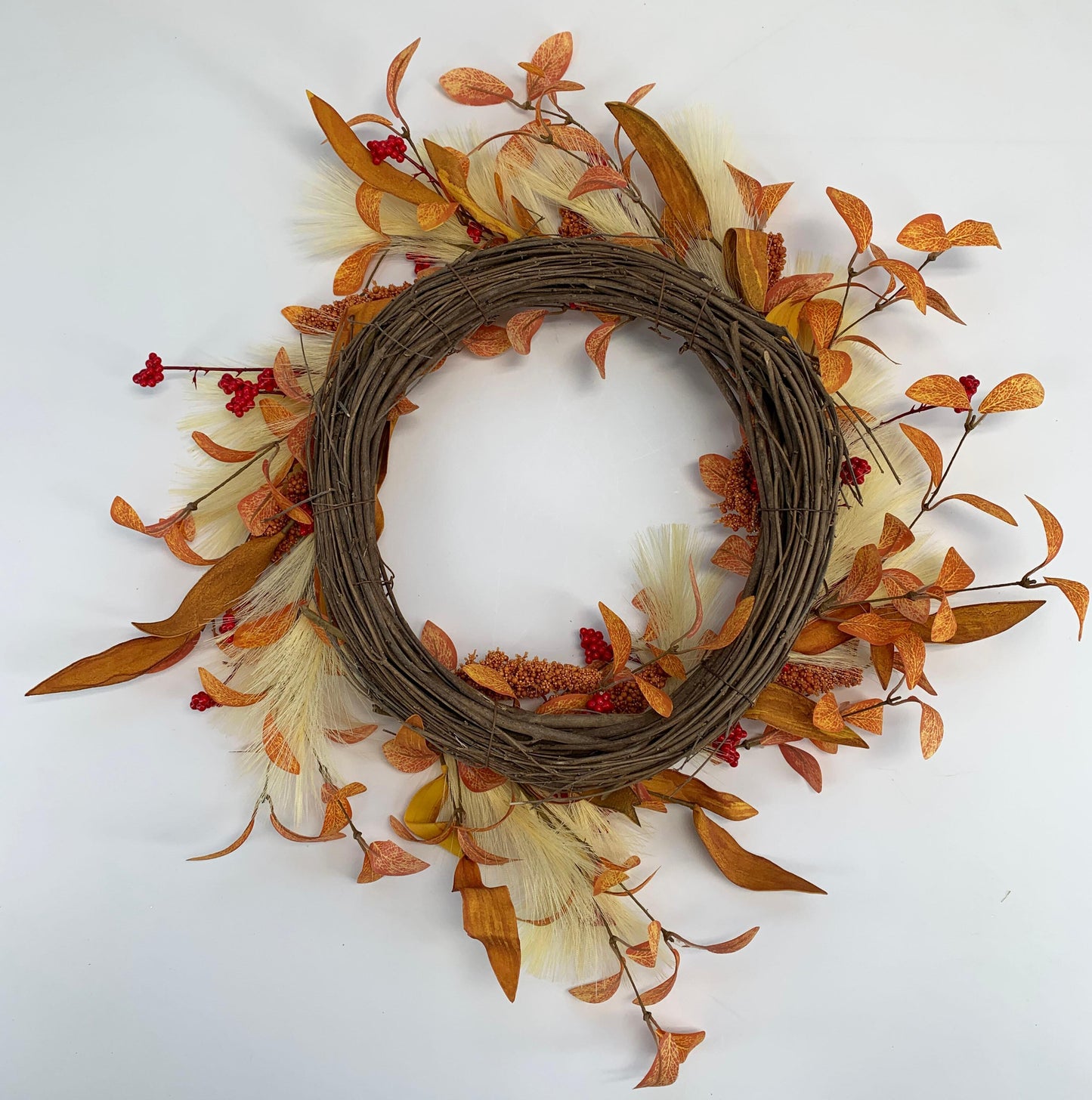 18" Boho Artificial Fall Wreath with Pampas Grass and Harvest Grain Spikes, B2B Wholesale