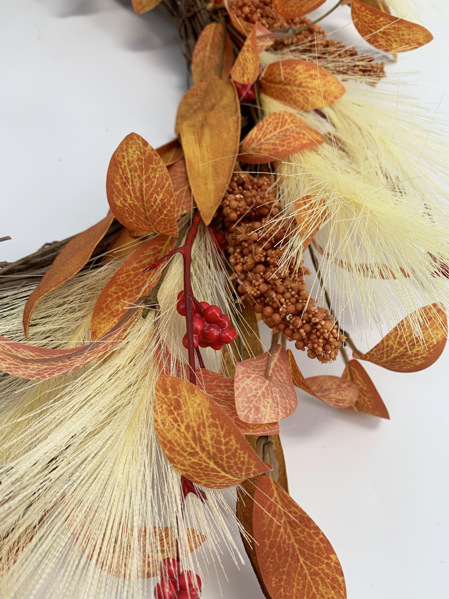 18" Boho Artificial Fall Wreath with Pampas Grass and Harvest Grain Spikes, B2B Wholesale