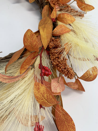 18" Boho Artificial Fall Wreath with Pampas Grass and Harvest Grain Spikes, B2B Wholesale