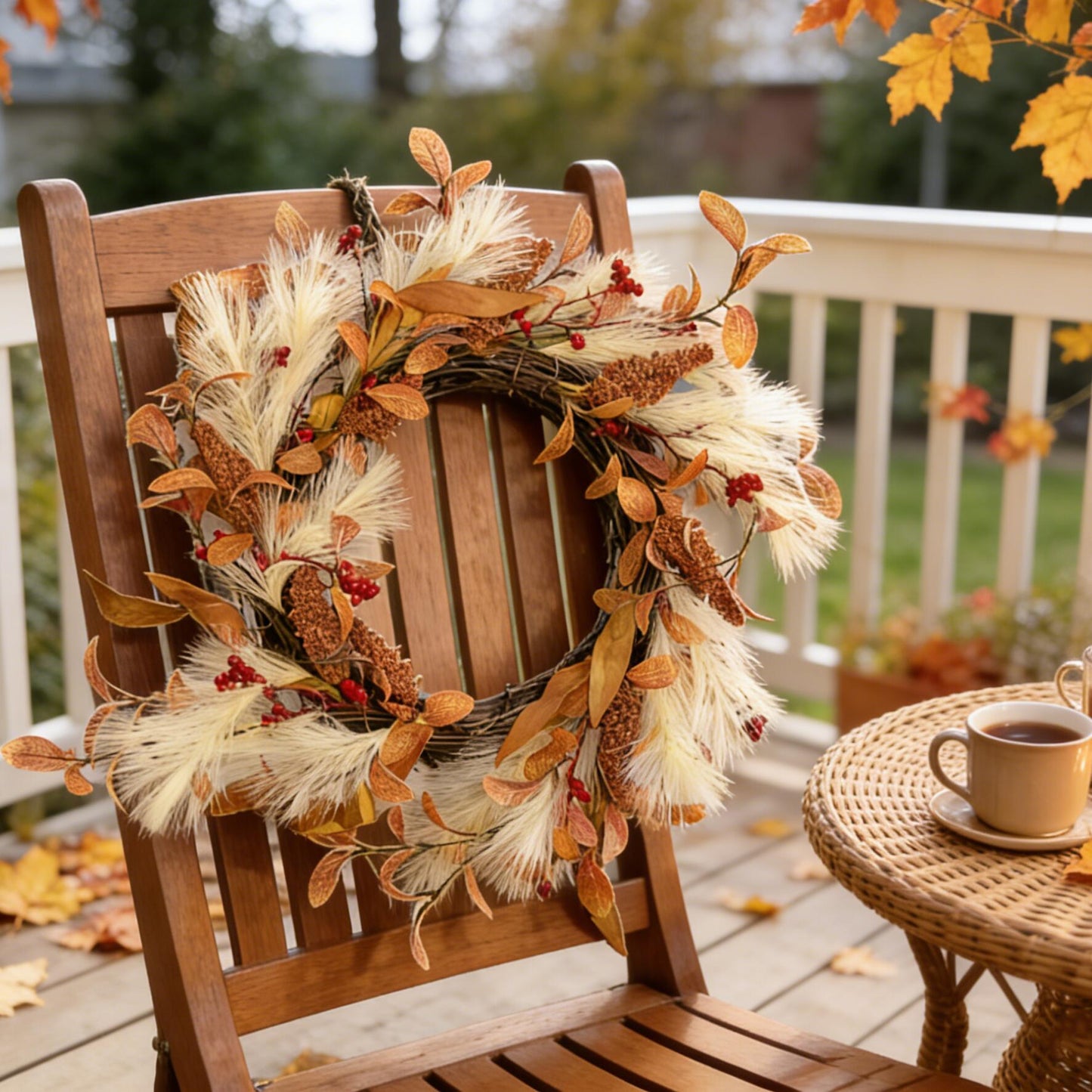 18" Boho Artificial Fall Wreath with Pampas Grass and Harvest Grain Spikes, B2B Wholesale