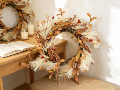 18" Boho Artificial Fall Wreath with Pampas Grass and Harvest Grain Spikes, B2B Wholesale