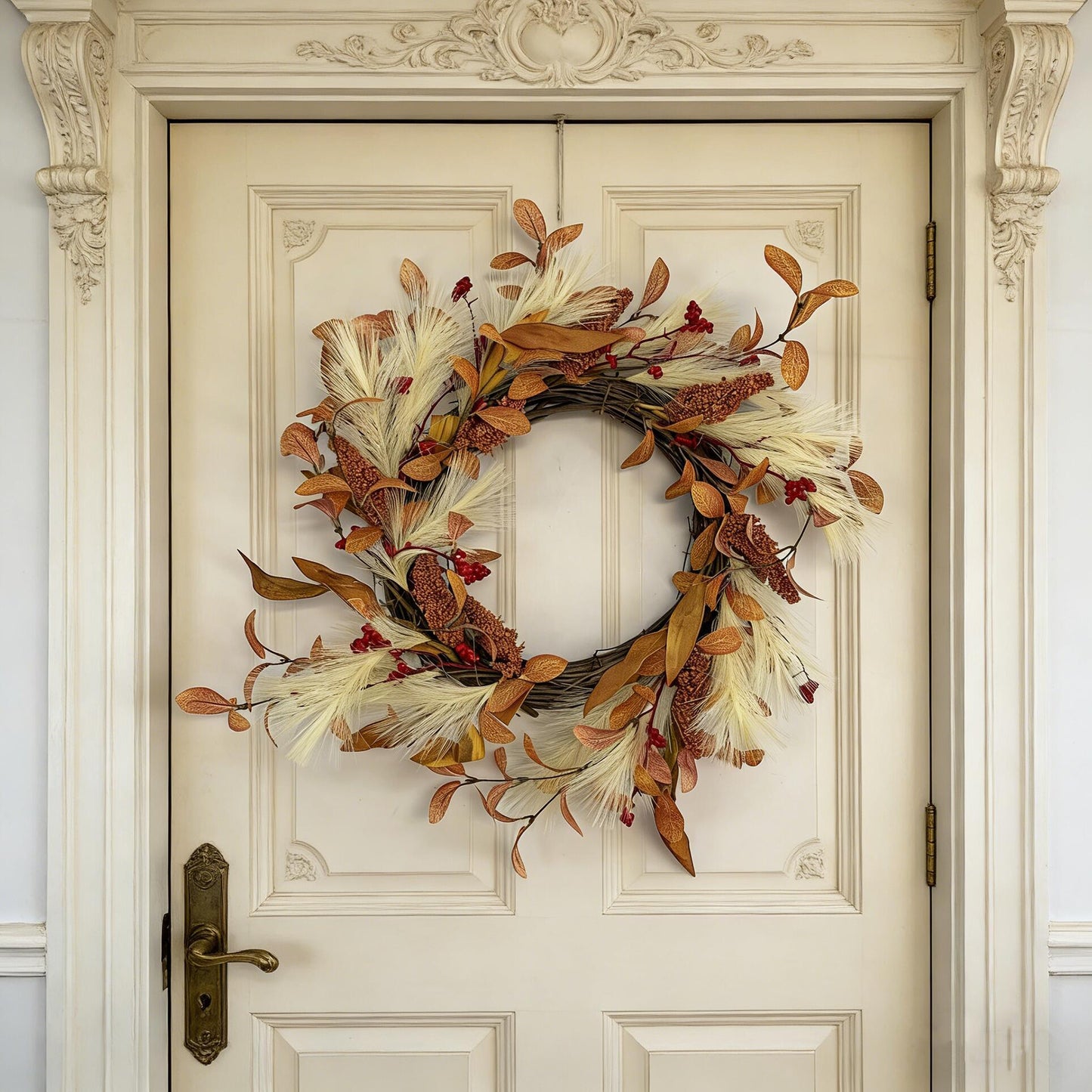 18" Boho Artificial Fall Wreath with Pampas Grass and Harvest Grain Spikes, B2B Wholesale