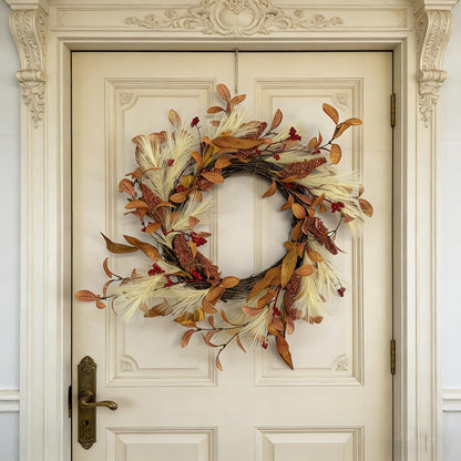 18" Boho Artificial Fall Wreath with Pampas Grass and Harvest Grain Spikes, B2B Wholesale
