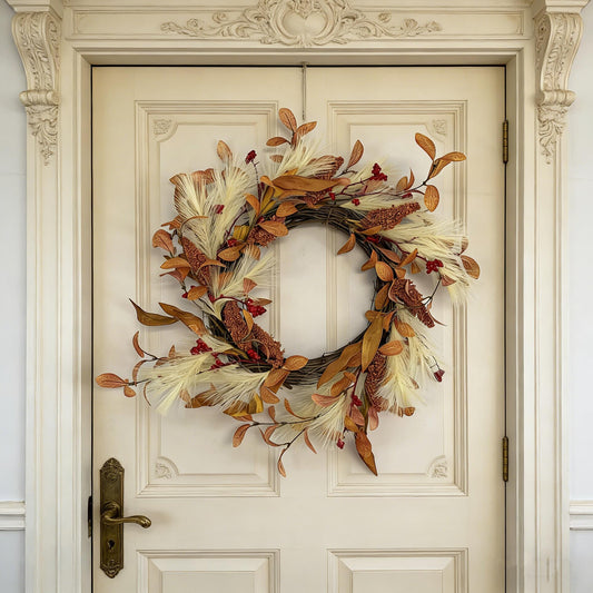 18" Boho Artificial Fall Wreath with Pampas Grass and Harvest Grain Spikes, B2B Wholesale