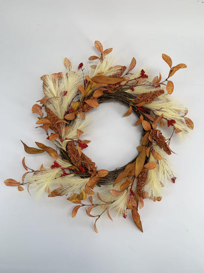 18" Boho Artificial Fall Wreath with Pampas Grass and Harvest Grain Spikes, B2B Wholesale