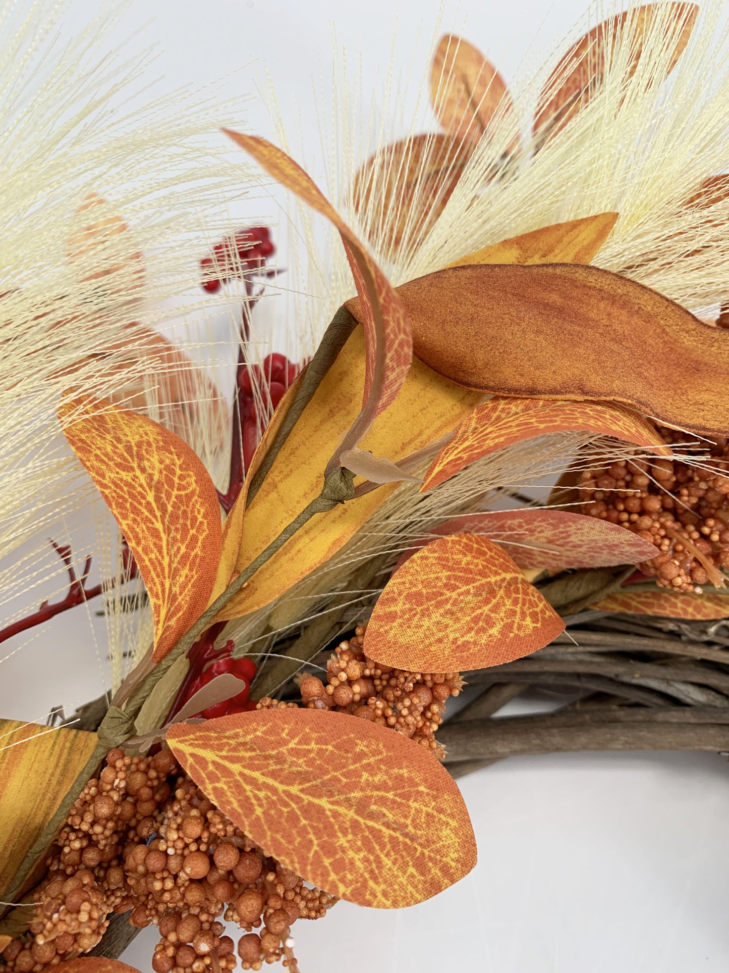 18" Boho Artificial Fall Wreath with Pampas Grass and Harvest Grain Spikes, B2B Wholesale