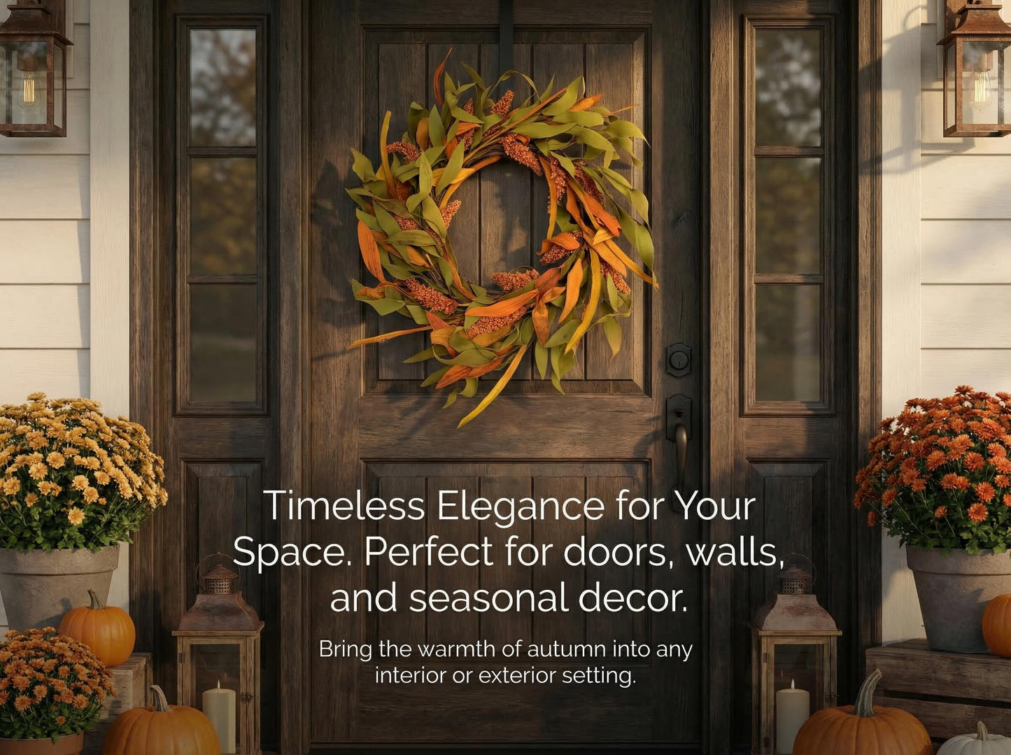 18" Artificial Fall Wreath with Harvest Grain Spikes - Autumn Leaves Front Door Decor, B2B Wholesale